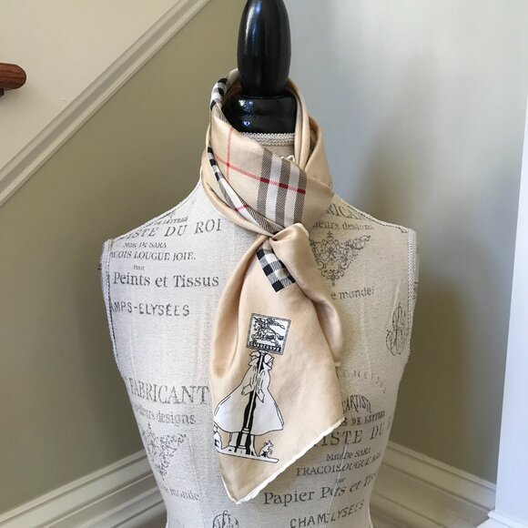 Vintage Burberry Silk Scarf Wrap Square Tan Black Plaid Handkerchief Neck Tie - Picture 6 of 9